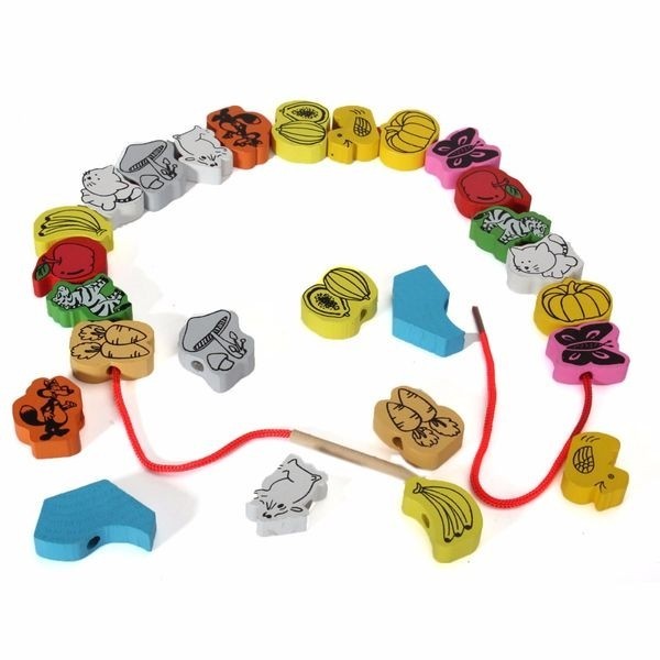 Boîte de perles en bois à enfiler avec lacet (26 pièces) jeu Montessori